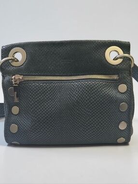 Hammitt LA Blue Gray Snakeskin Crossbody Bag Suede Leather Red Interior Studded